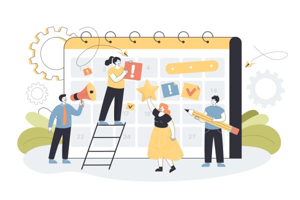 Tiny businesspeople in process of making plan of meetings to reach aims. Business schedule with filling course campaign flat vector illustration. Calendar, time management, entrepreneurship concept